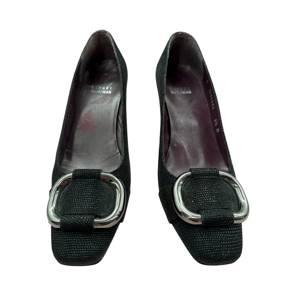 Stuart Weitzman Women's Pumps Size 6.5M Black Textured Fabric Silver Buckle Heel